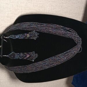 Multi-strand Iridescent Seed Bead Necklace And Matching Fringe Earrings